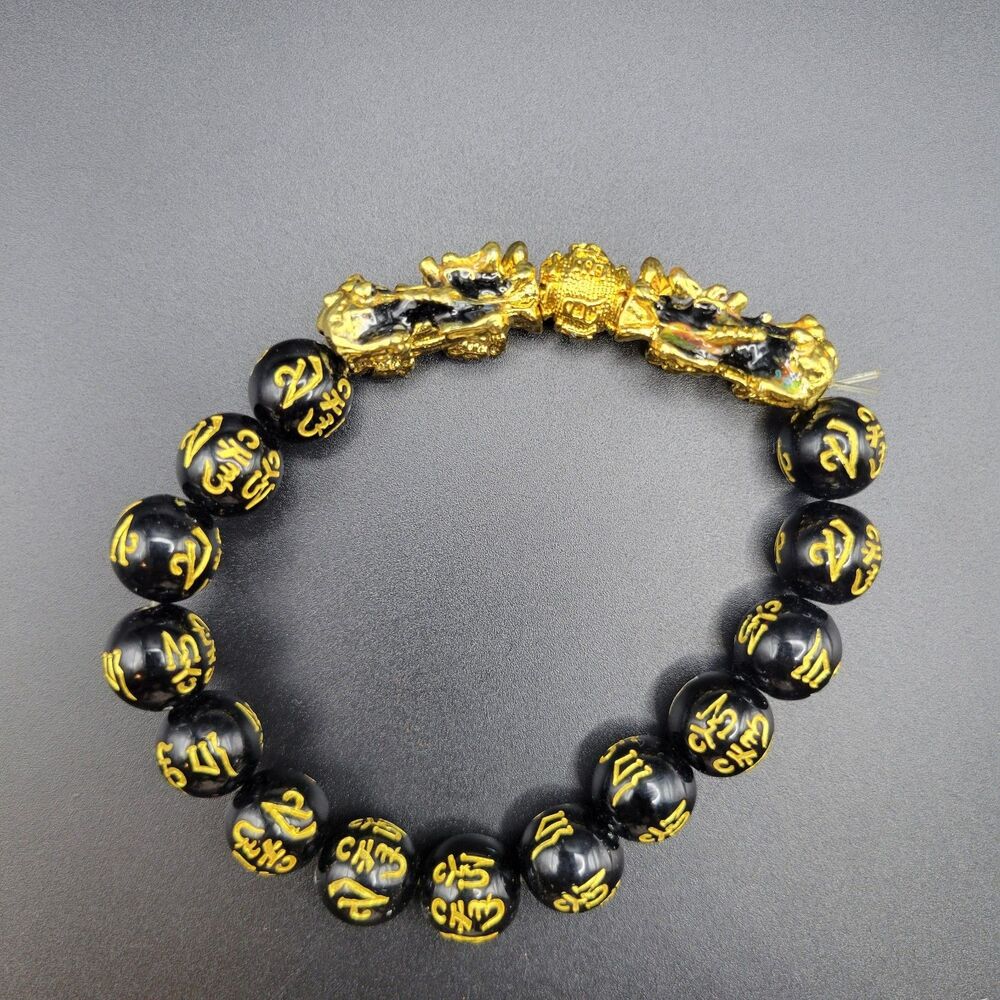12mm Feng Shui Pi Xiu Bracelet Unisex Black Obsidian Mantra Wealth Jewelry Gift